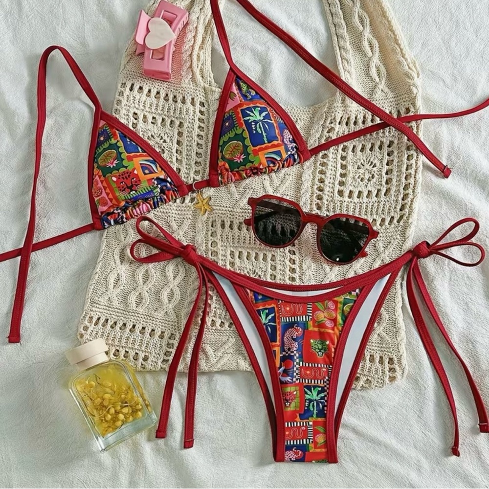 Multicolor Tropical Red Side Tie Bikini Set